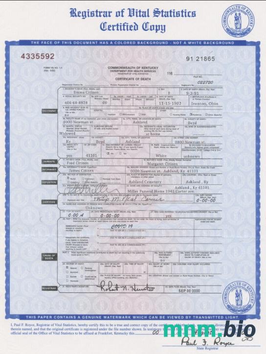 USA Kentucky state śmierć certyfikat szablon w formacie PSD